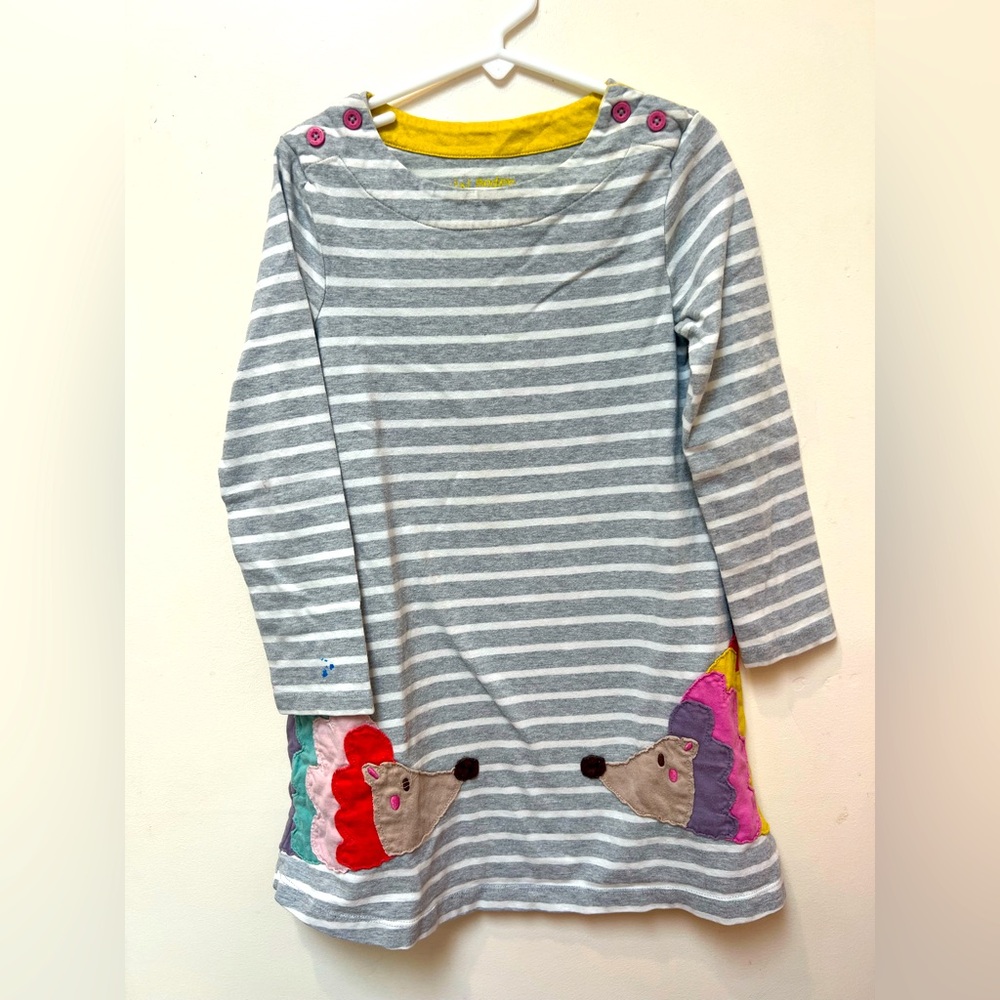Mini Boden Striped Dress with Hedgehog Appliqués